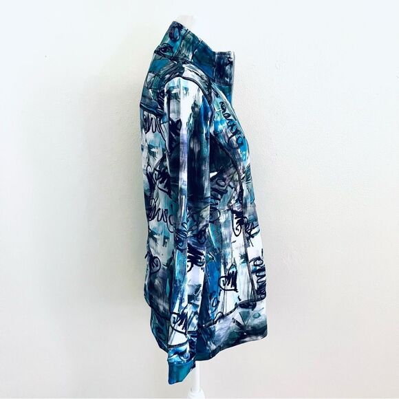 SNOSKINS Zip Jacket Back Zip Pocket Graffiti Print EUC Viscose Blk/Wht/Ppl SZ M - Picture 2 of 7